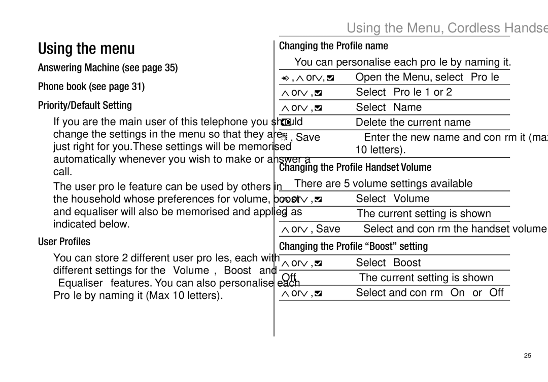 Oricom Pro900 manual Using the menu, Using the Menu, Cordless Handset 