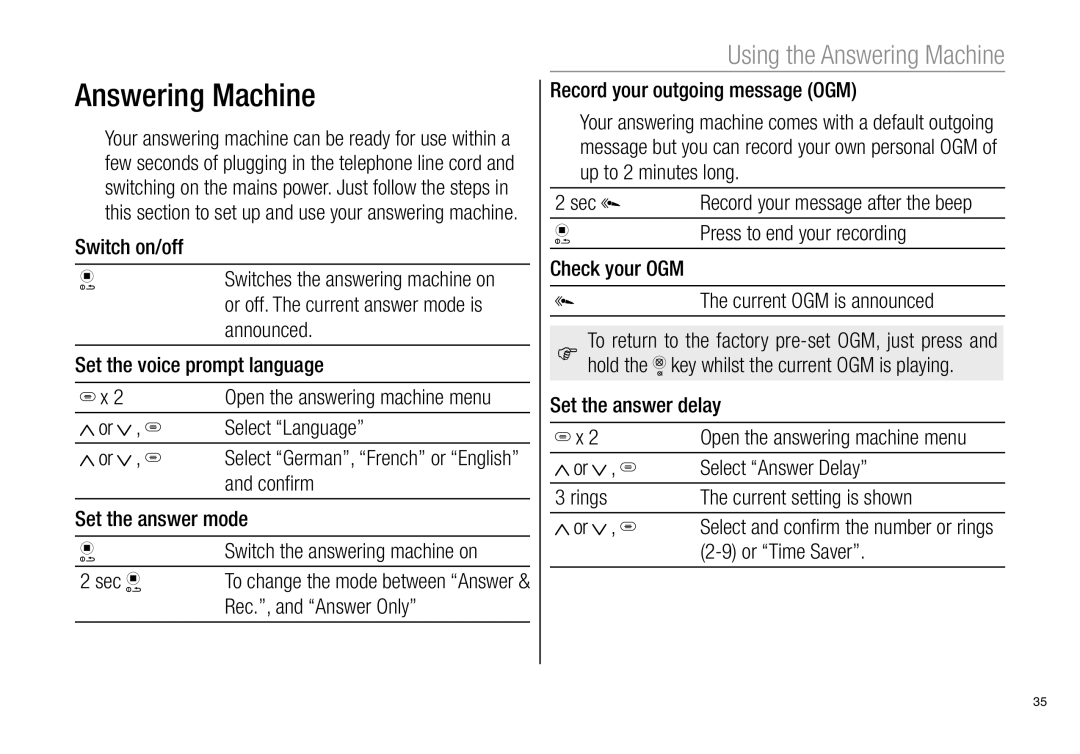 Oricom Pro900 manual Using the Answering Machine 