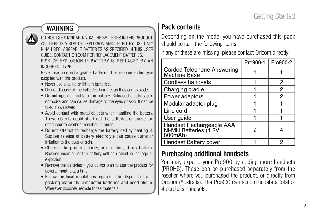 Oricom Pro900 manual Pack contents, Purchasing additional handsets 