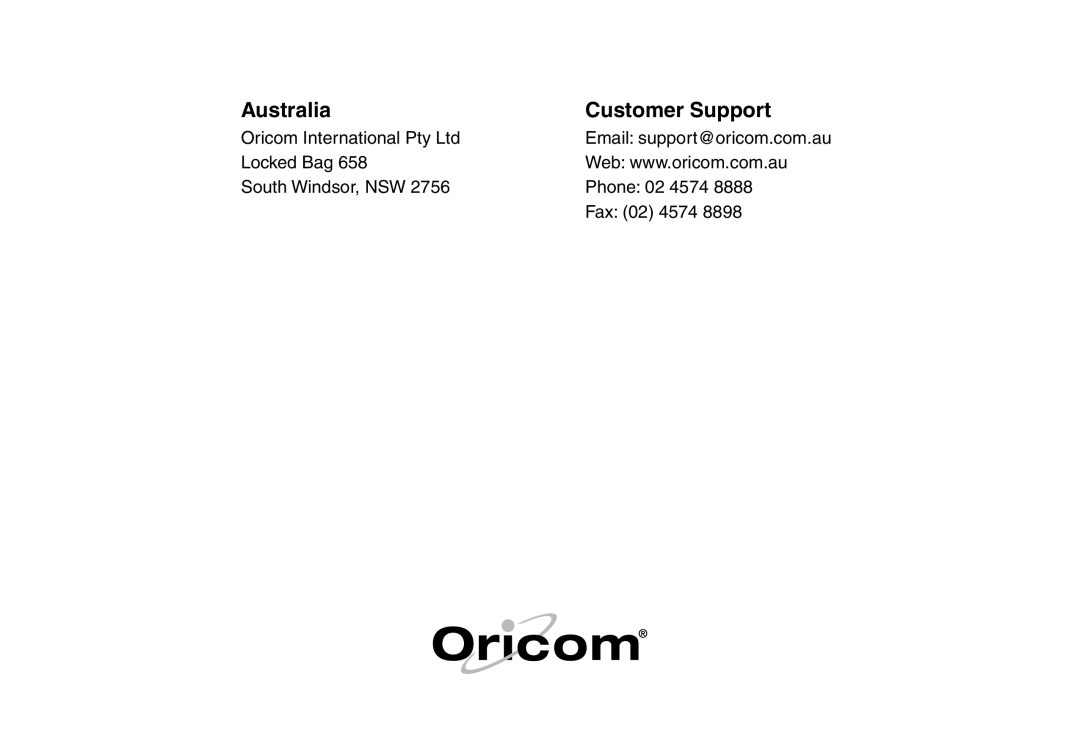 Oricom Pro900 manual Australia Customer Support 