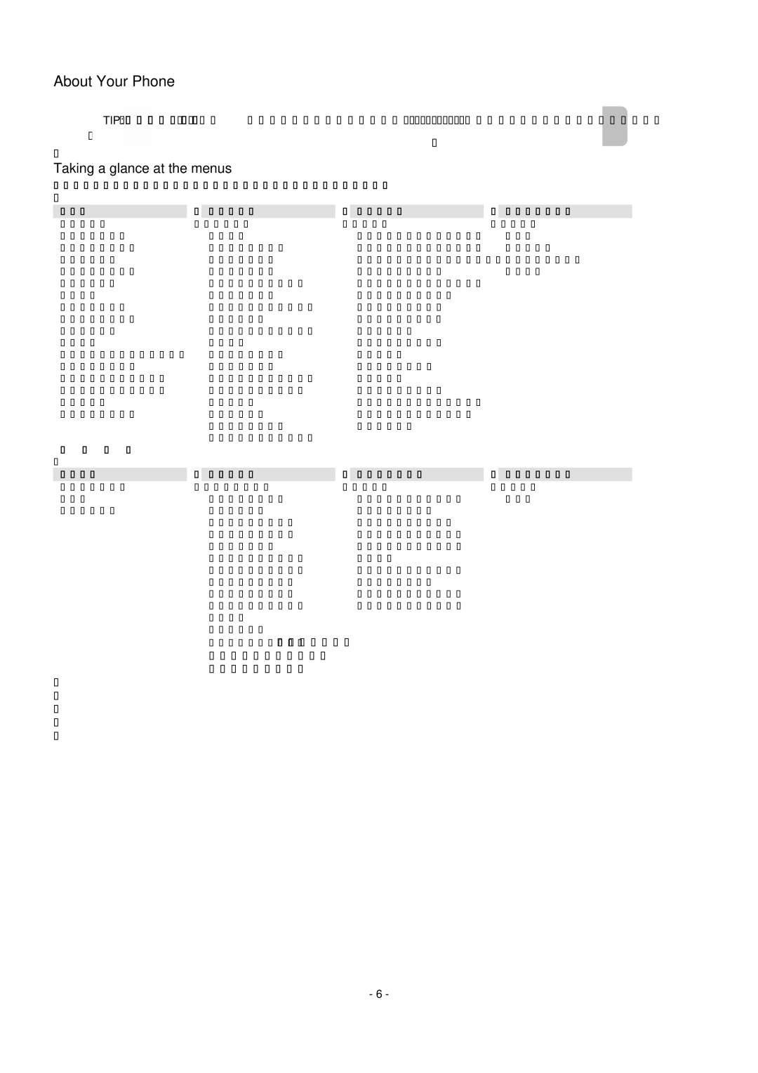 Oricom S209 manual Taking a glance at the menus, SMS Call LOG Settings 