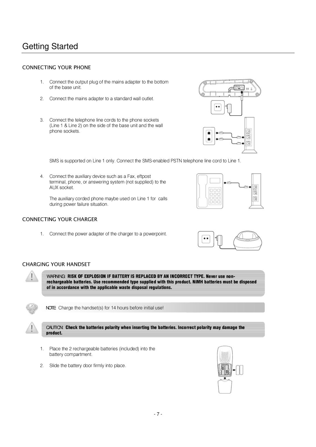 Oricom S209 manual Getting Started, Connecting Your Phone, Connecting Your Charger, Charging Your Handset 