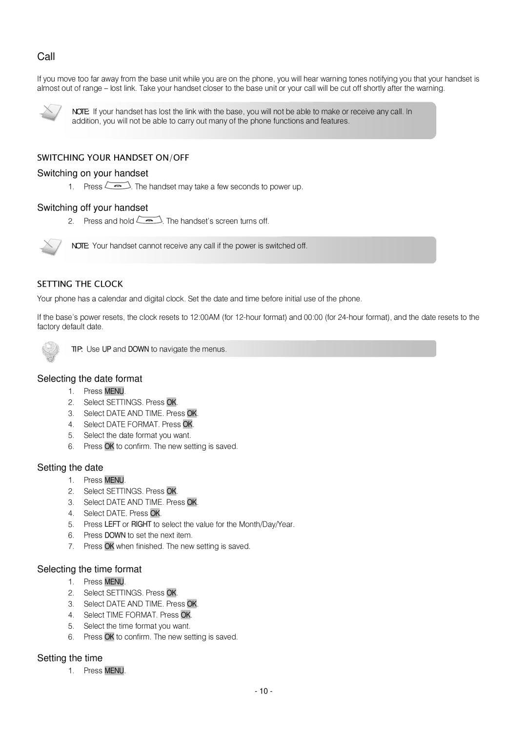 Oricom S209 manual Switching on your handset, Switching off your handset, Selecting the date format, Setting the date 