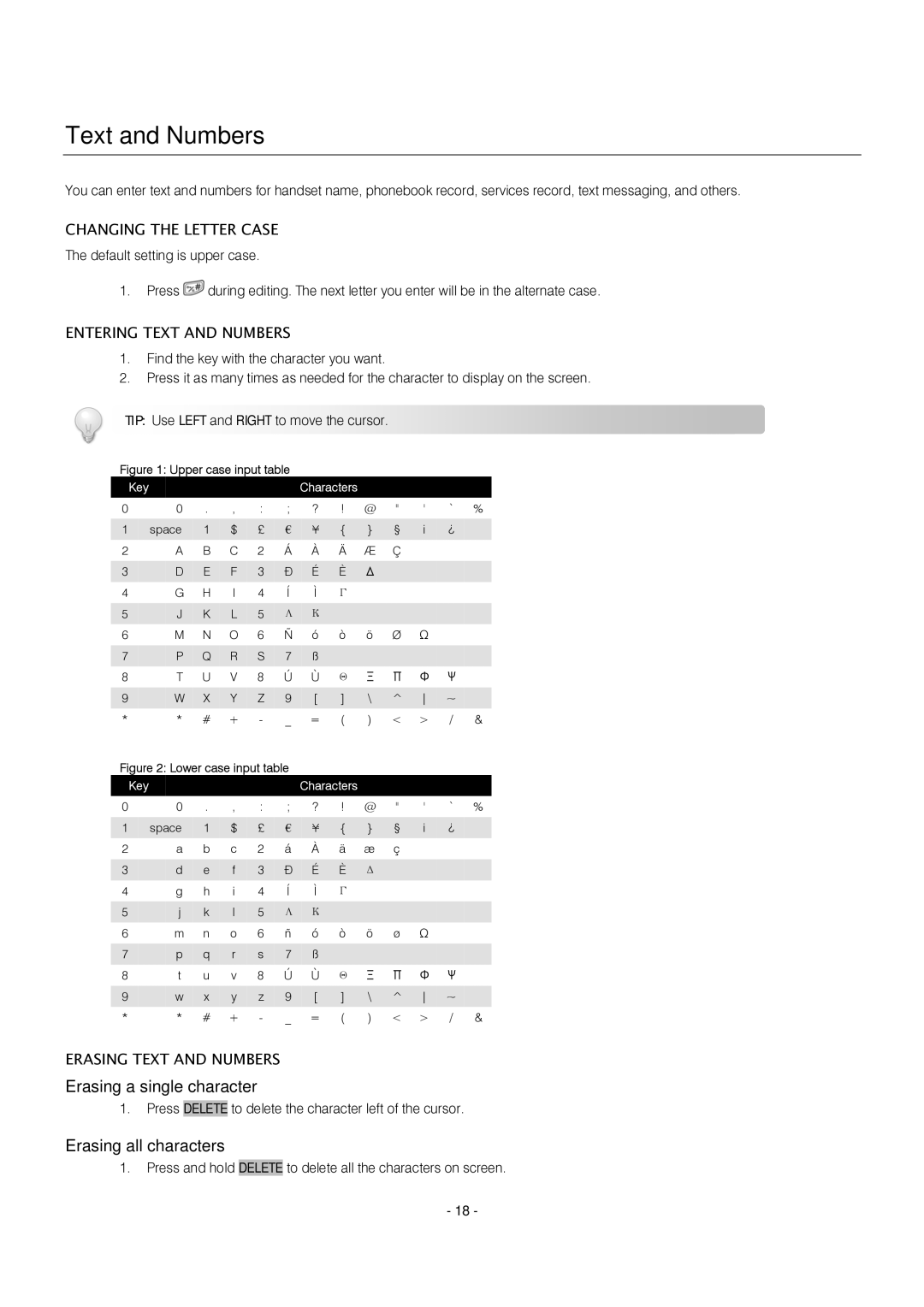 Oricom S209 manual Text and Numbers, Erasing a single character, Erasing all characters 