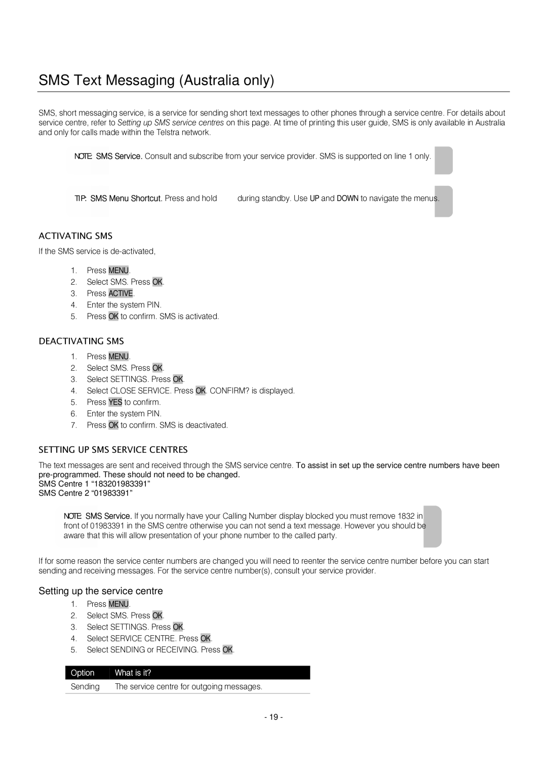 Oricom S209 manual SMS Text Messaging Australia only, Setting up the service centre, Activating SMS, Deactivating SMS 