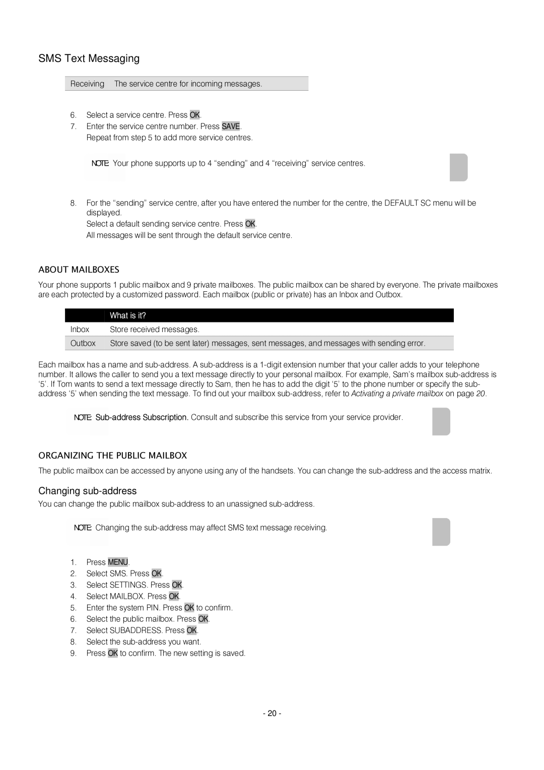 Oricom S209 manual SMS Text Messaging, Changing sub-address, About Mailboxes, Organizing the Public Mailbox 