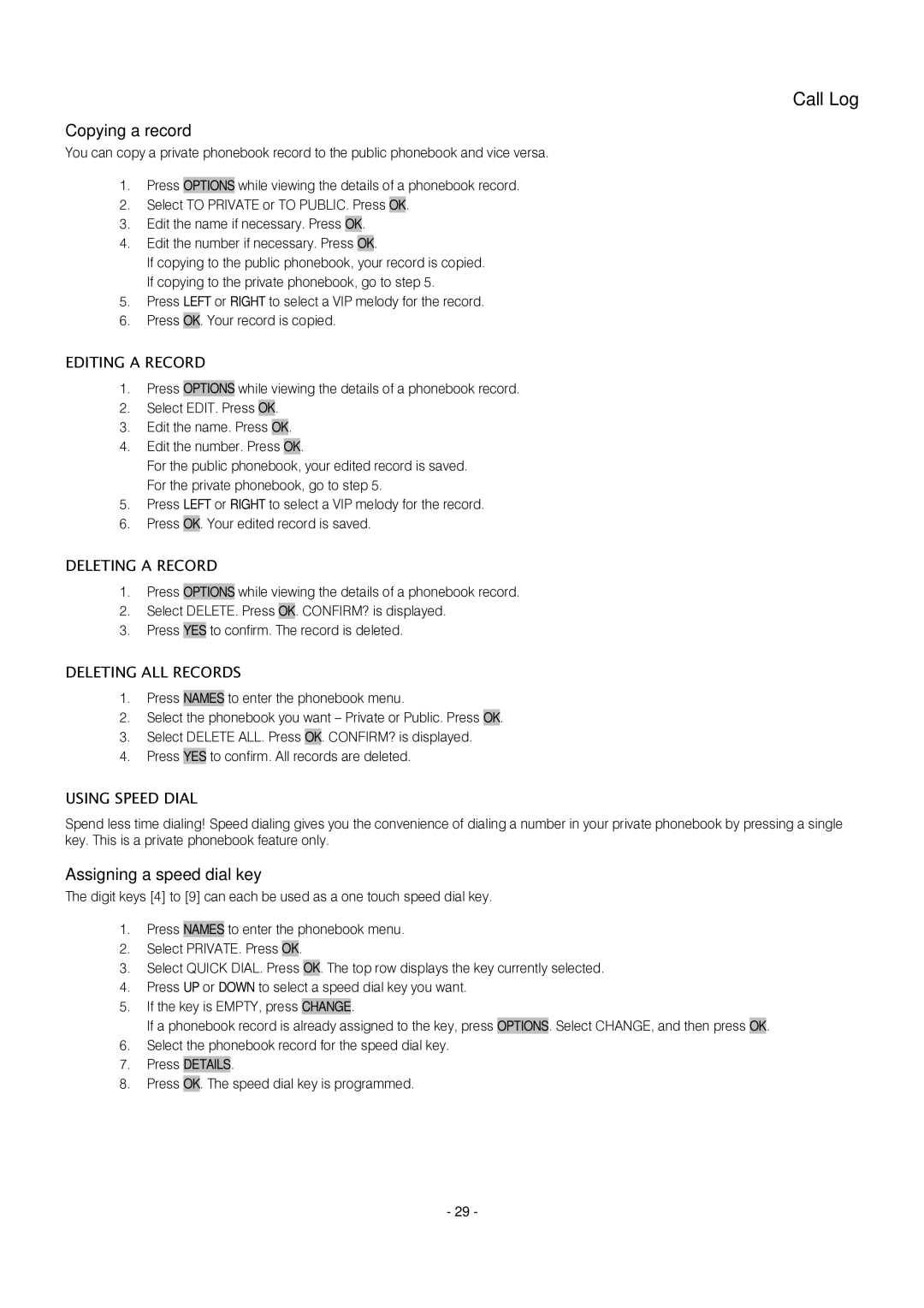 Oricom S209 manual Copying a record, Assigning a speed dial key 