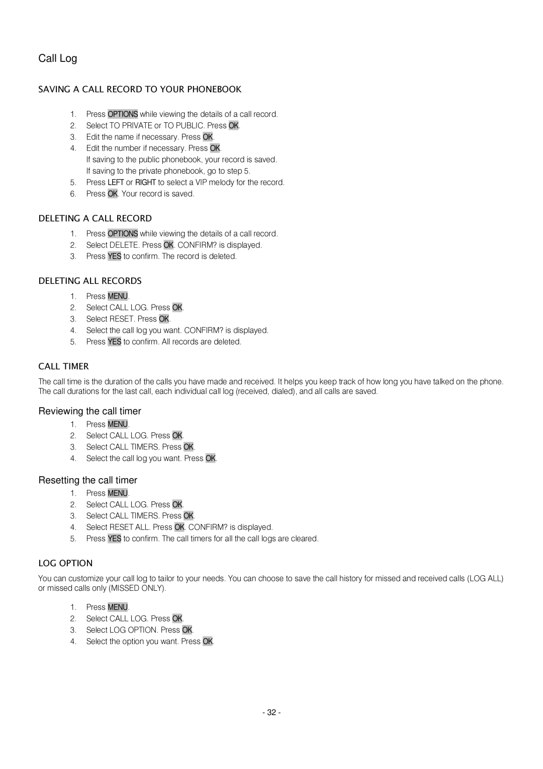 Oricom S209 manual Reviewing the call timer, Resetting the call timer 