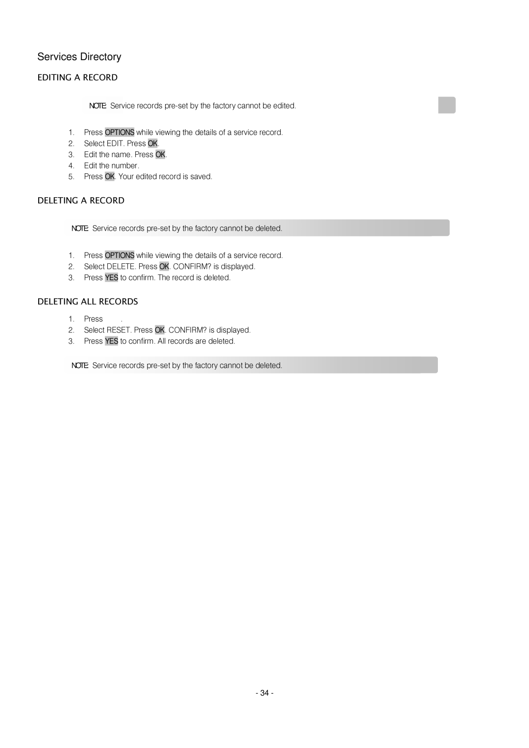 Oricom S209 manual Services Directory, Editing a Record 