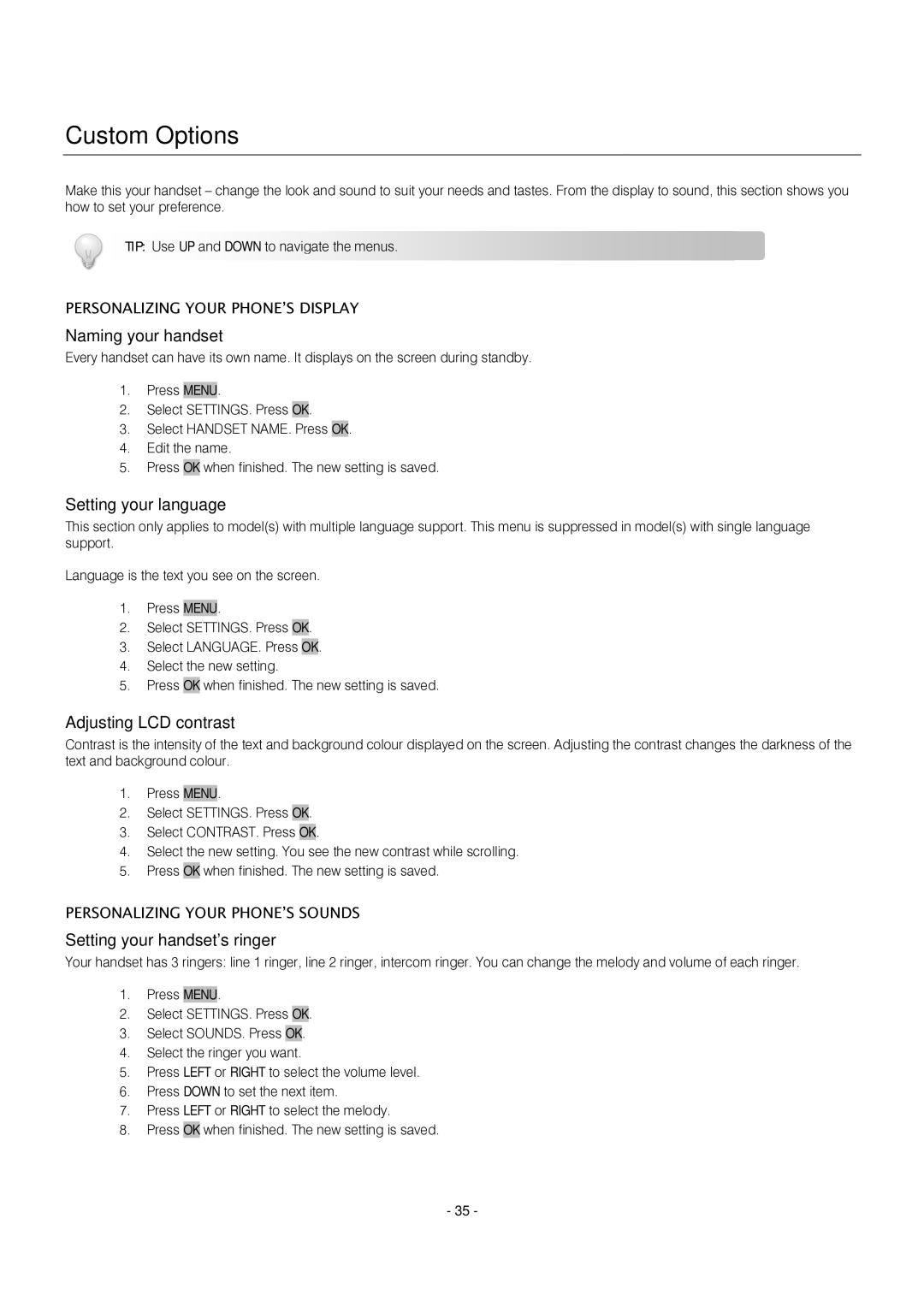 Oricom S209 manual Custom Options, Naming your handset, Setting your language, Adjusting LCD contrast 