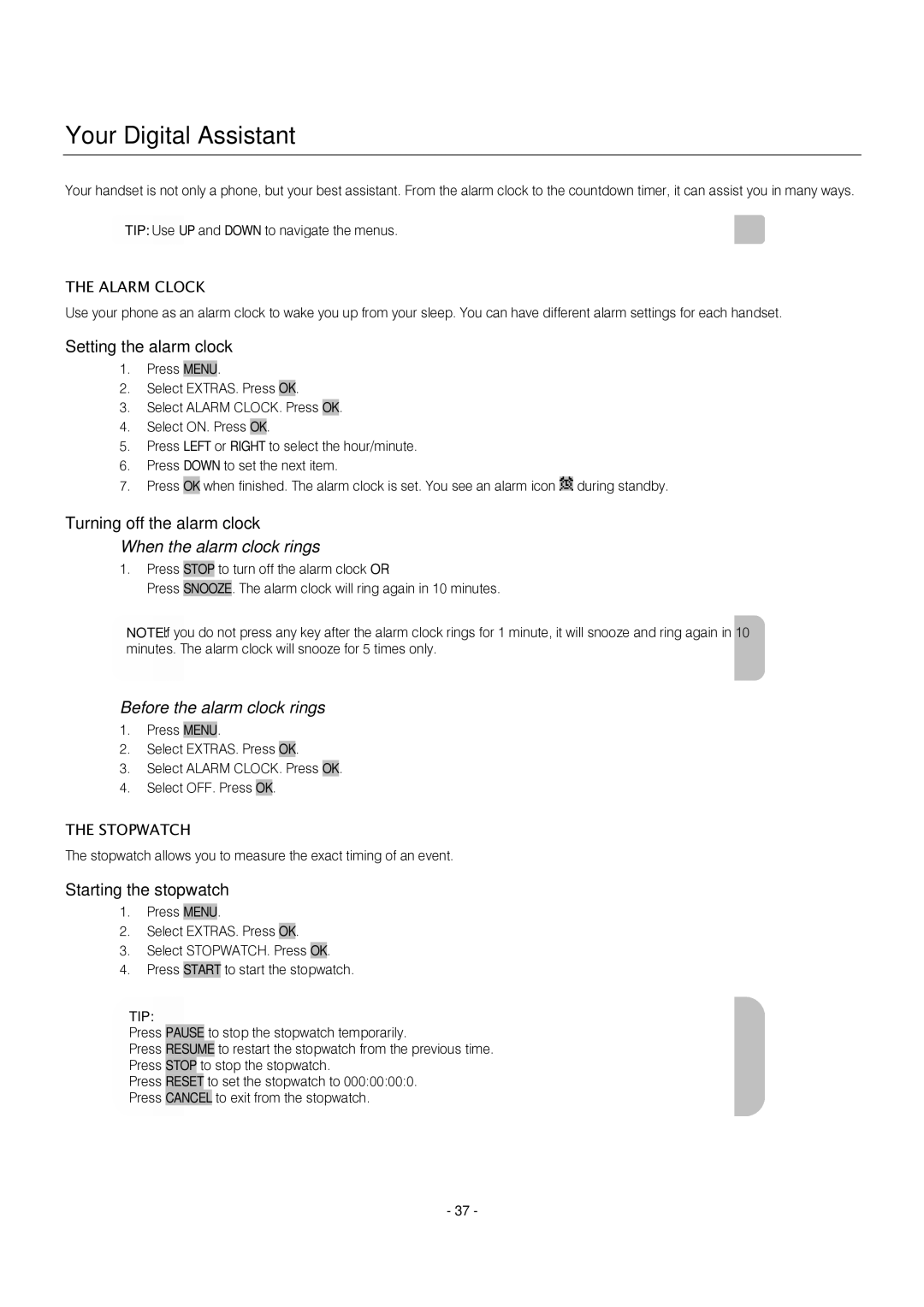 Oricom S209 manual Your Digital Assistant, Setting the alarm clock, Turning off the alarm clock, Starting the stopwatch 