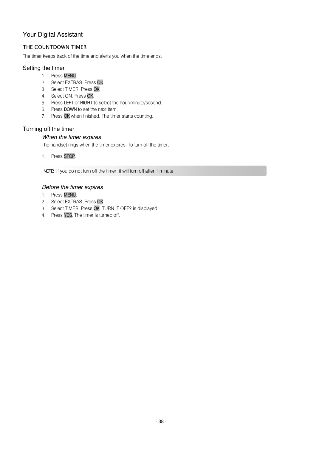 Oricom S209 manual Your Digital Assistant, Setting the timer, Turning off the timer, Countdown Timer 