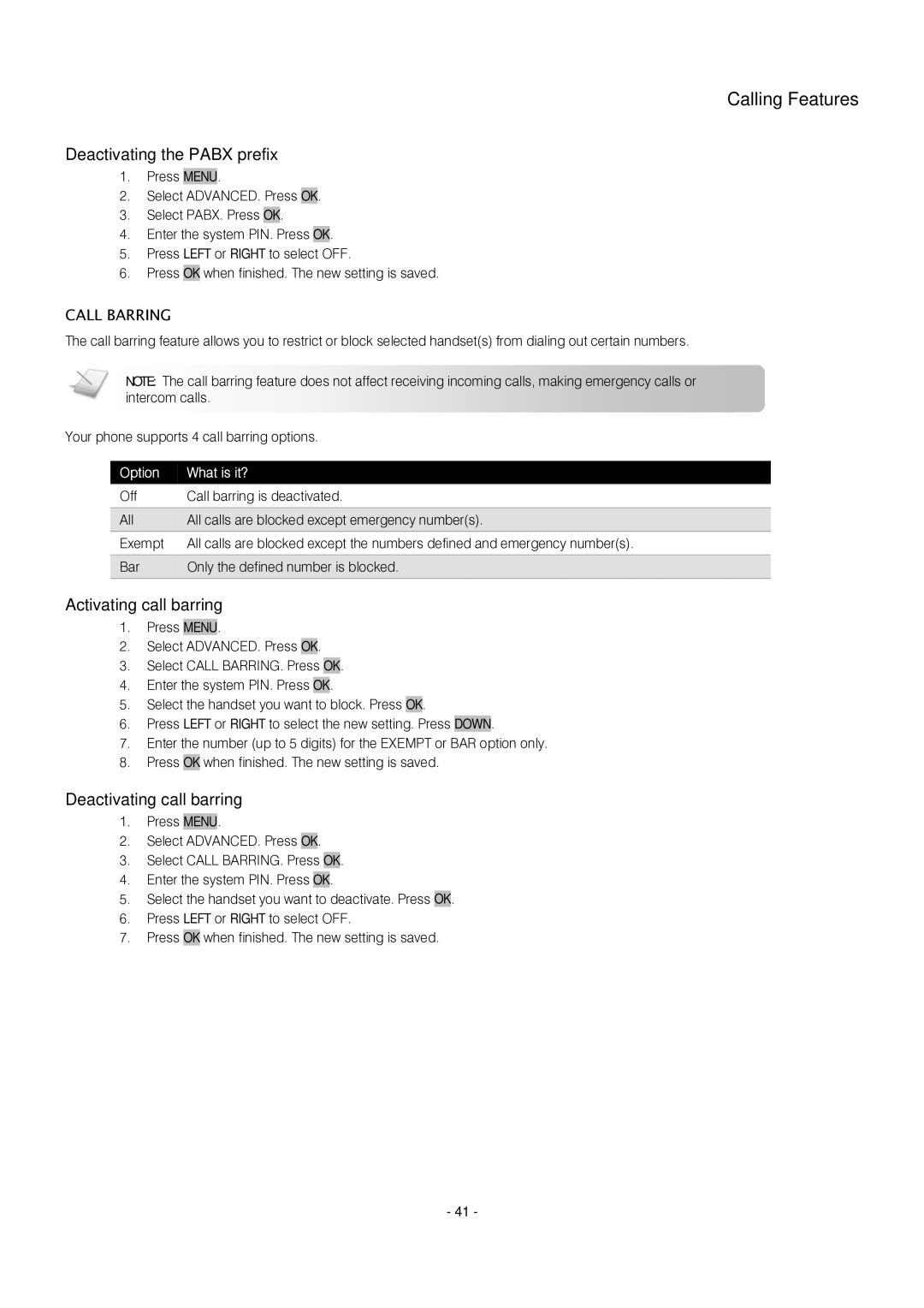 Oricom S209 manual Deactivating the Pabx prefix, Activating call barring, Deactivating call barring, Call Barring 