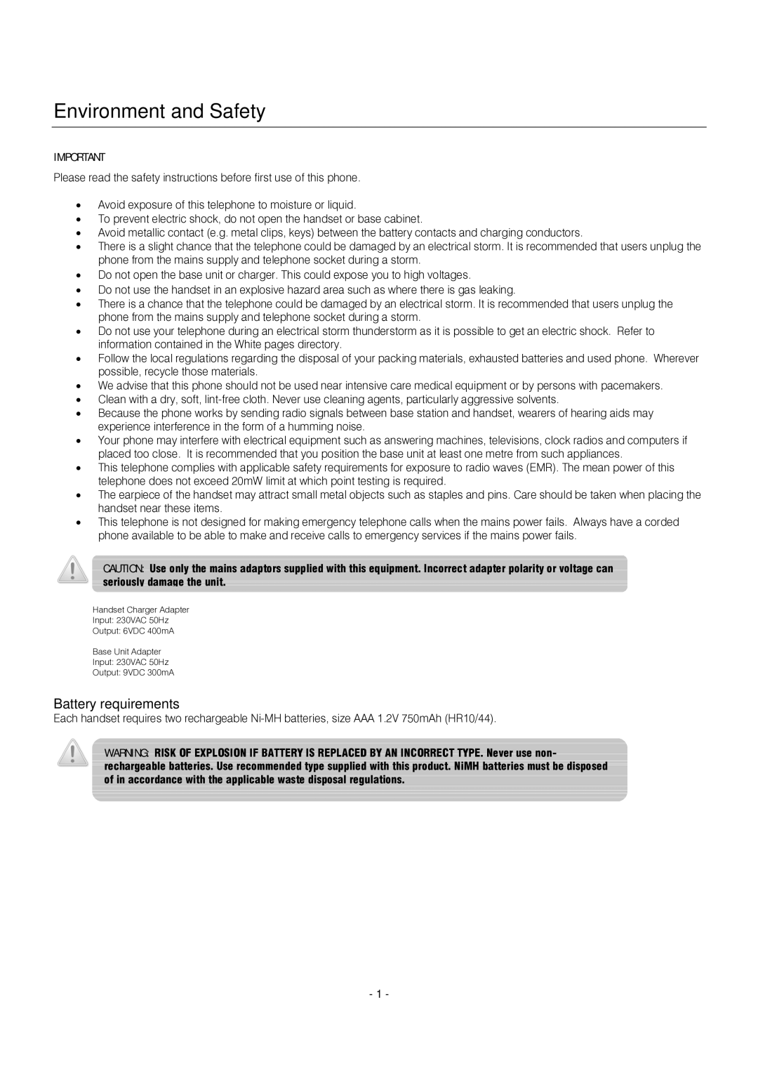 Oricom S209 manual Environment and Safety, Battery requirements 