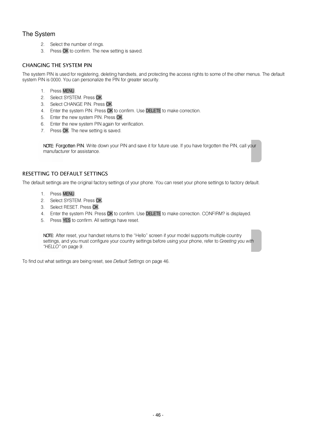 Oricom S209 manual Changing the System PIN, Resetting to Default Settings 