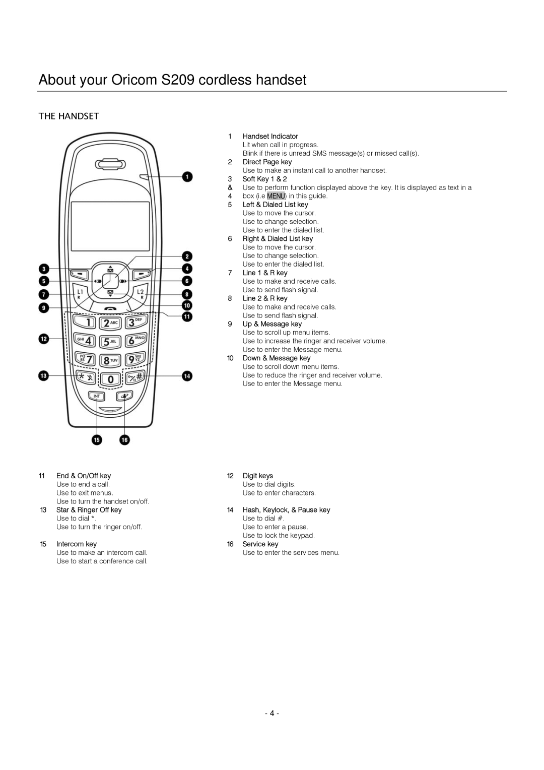 Oricom manual About your Oricom S209 cordless handset, Handset 