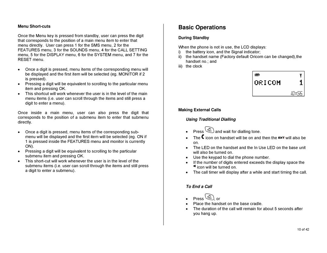 Oricom S6000 manual Basic Operations, Using Traditional Dialling, To End a Call 