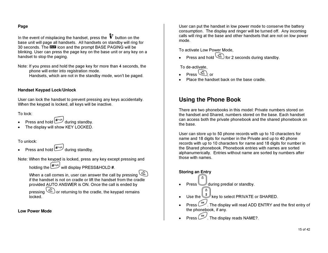 Oricom S6000 manual Using the Phone Book, Handset Keypad Lock/Unlock, Low Power Mode, Storing an Entry 