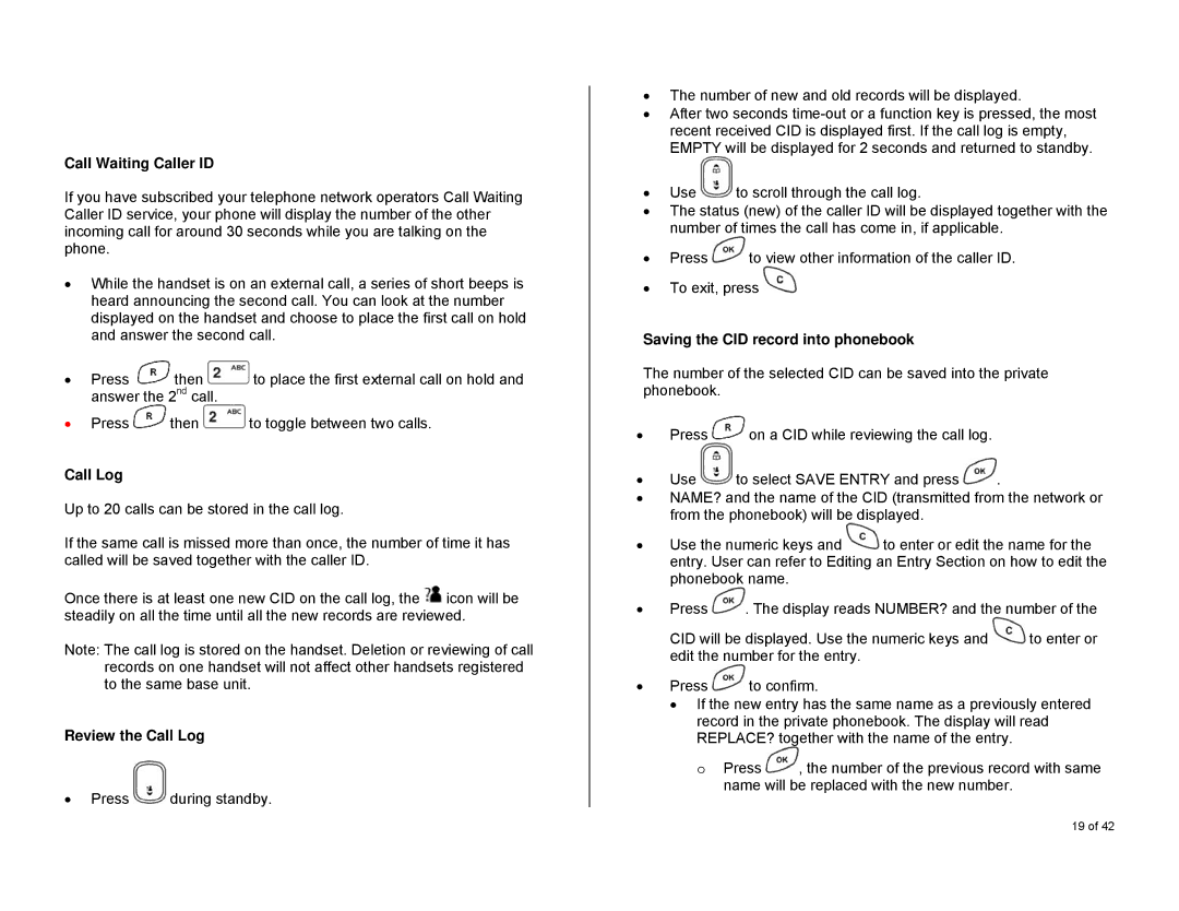 Oricom S6000 manual Call Waiting Caller ID, Review the Call Log, Saving the CID record into phonebook 