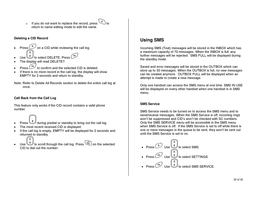 Oricom S6000 manual Using SMS, Deleting a CID Record, Call Back from the Call Log, SMS Service 