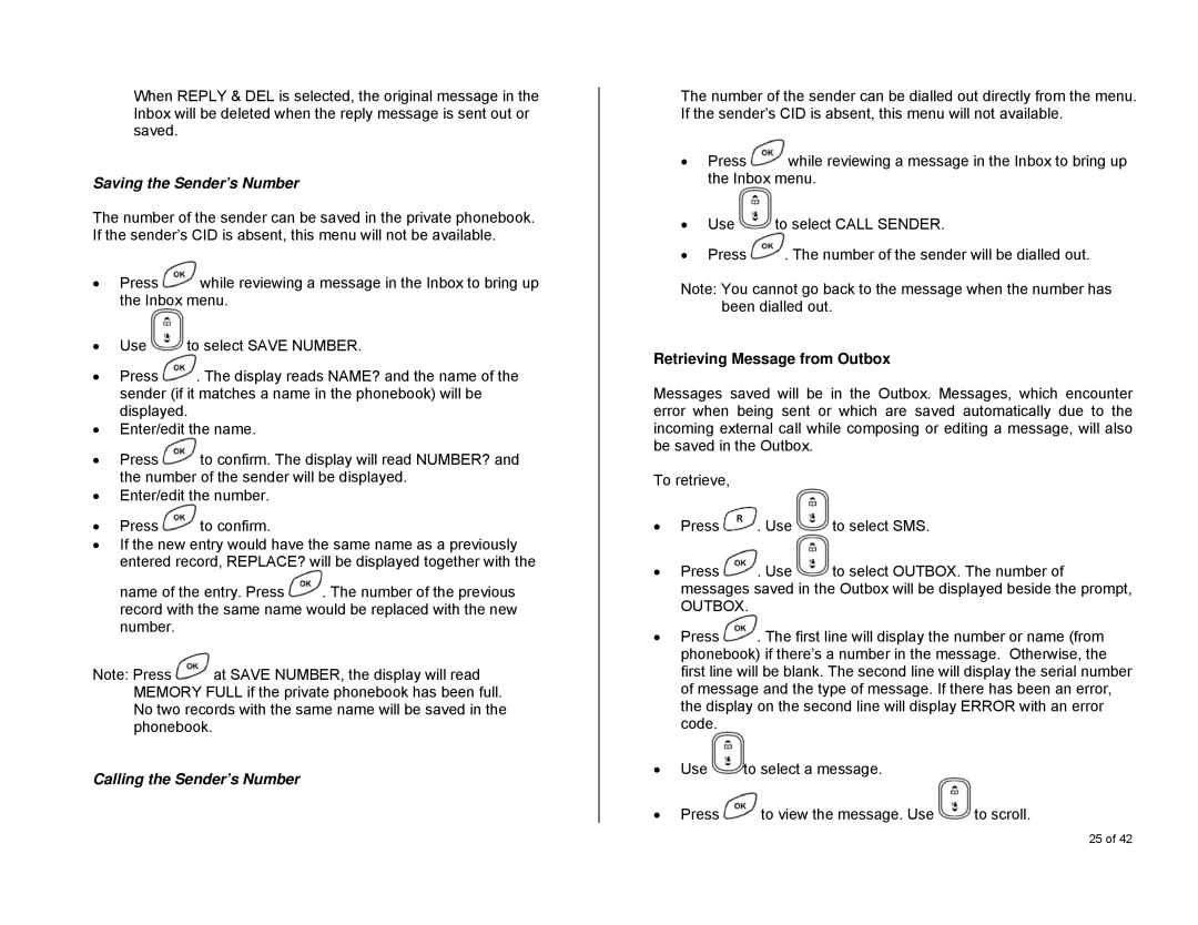 Oricom S6000 manual Saving the Sender’s Number, Calling the Sender’s Number, Retrieving Message from Outbox 