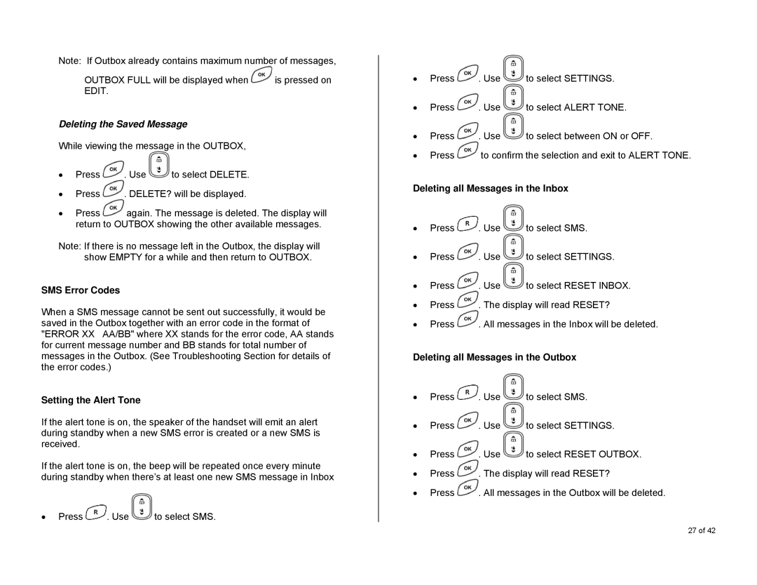 Oricom S6000 manual Deleting the Saved Message, SMS Error Codes, Setting the Alert Tone, Deleting all Messages in the Inbox 