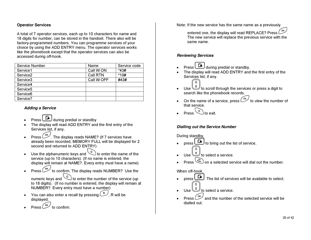 Oricom S6000 manual Operator Services, Adding a Service, Reviewing Services, Dialling out the Service Number 