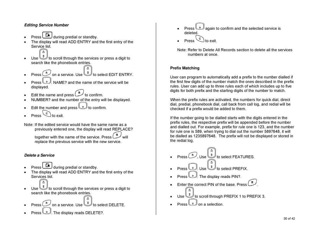 Oricom S6000 manual Editing Service Number, Delete a Service, Prefix Matching 