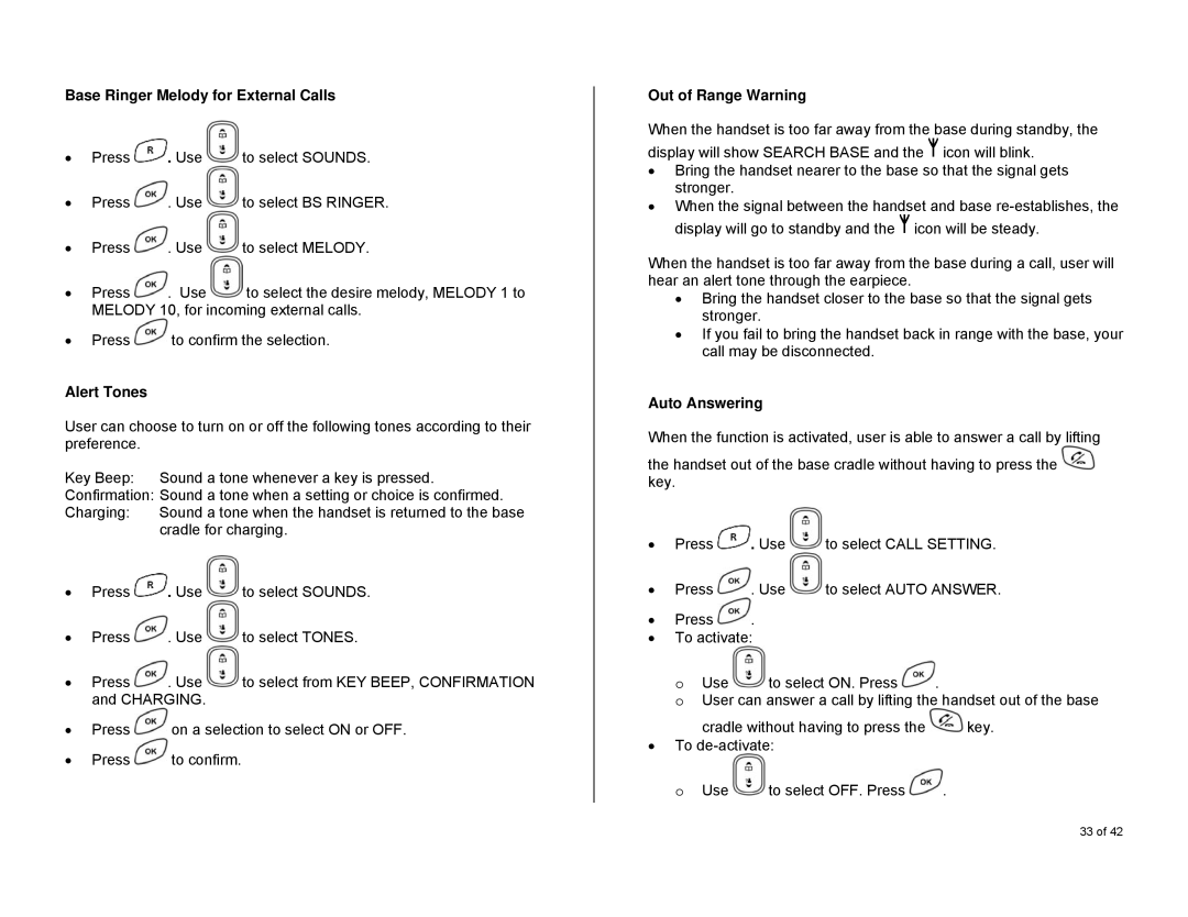 Oricom S6000 manual Base Ringer Melody for External Calls, Alert Tones, Out of Range Warning, Auto Answering 