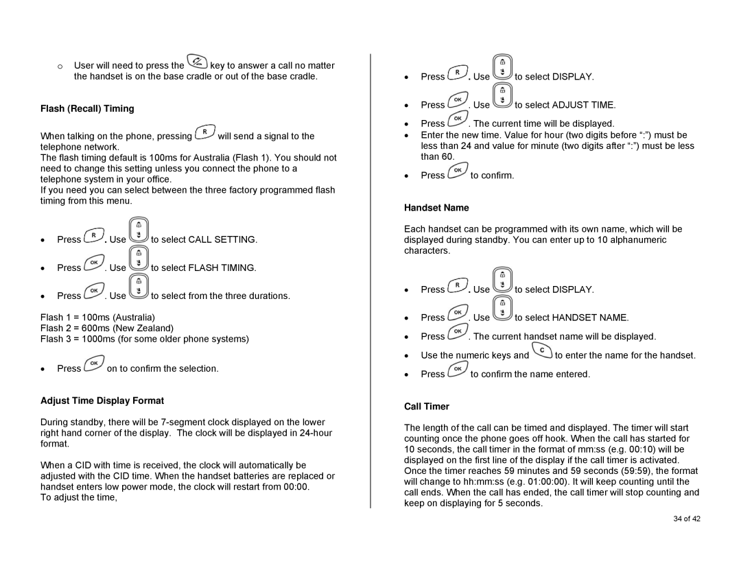 Oricom S6000 manual Flash Recall Timing, Adjust Time Display Format, Handset Name, Call Timer 