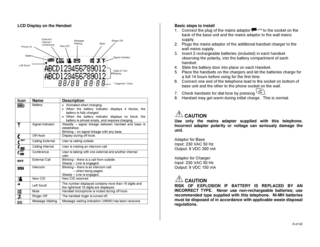 Oricom S6000 manual LCD Display on the Handset, Basic steps to install, Icon Name Description 