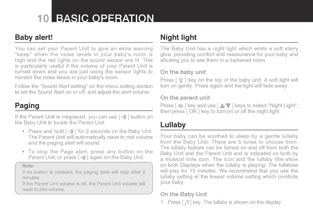 Oricom SECURE 200 manual Baby alert, Paging, Night light, Lullaby 