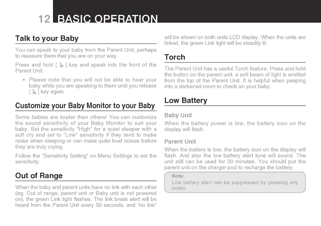 Oricom SECURE 200 manual Talk to your Baby, Out of Range, Torch, Low Battery 