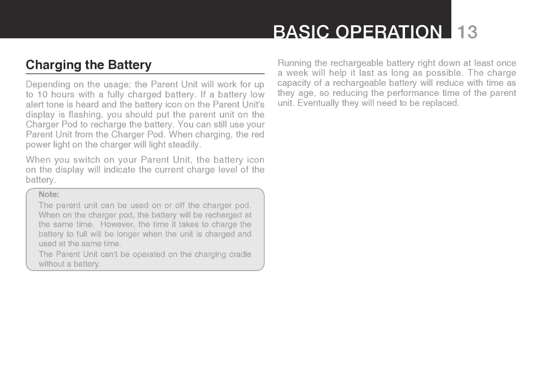 Oricom SECURE 200 manual Charging the Battery 