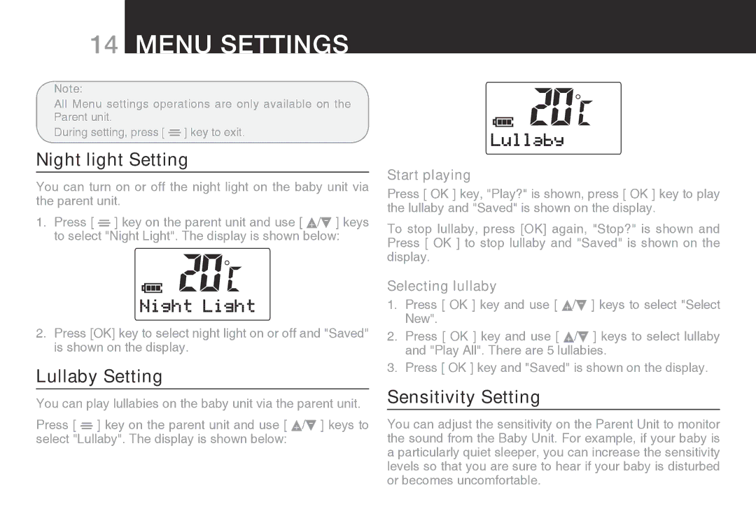 Oricom SECURE 200 manual Menu Settings, Night light Setting, Lullaby Setting, Sensitivity Setting 