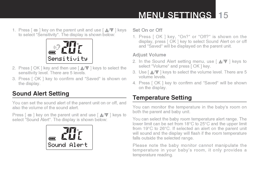 Oricom SECURE 200 manual Sound Alert Setting, Temperature Setting, Set On or Off, Adjust Volume 