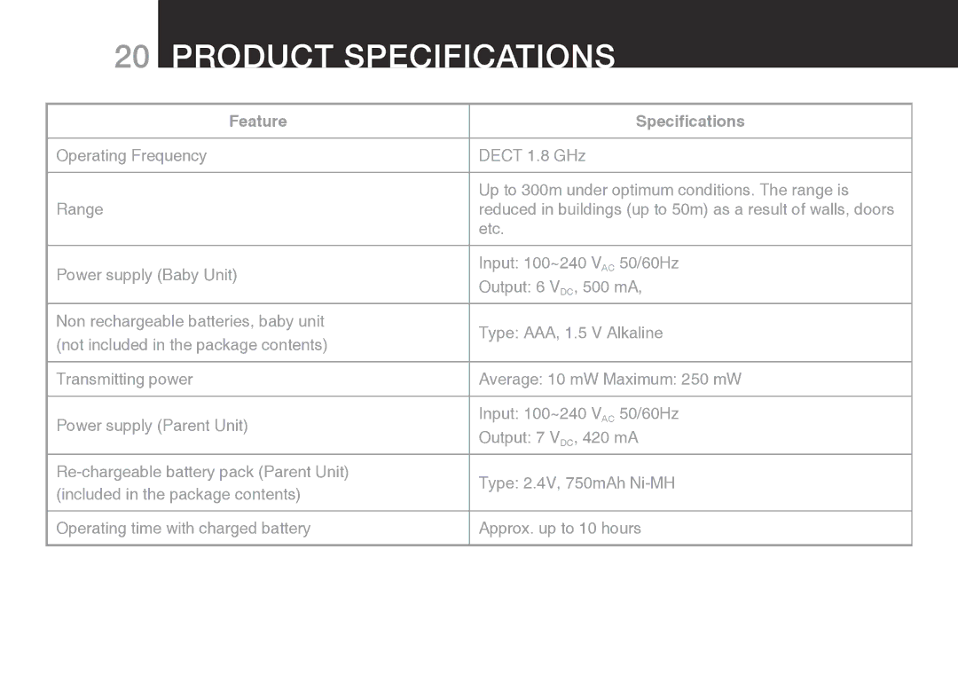 Oricom SECURE 200 manual Product Specifications, Feature Specifications 