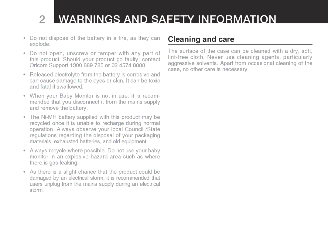 Oricom SECURE 200 manual Cleaning and care 