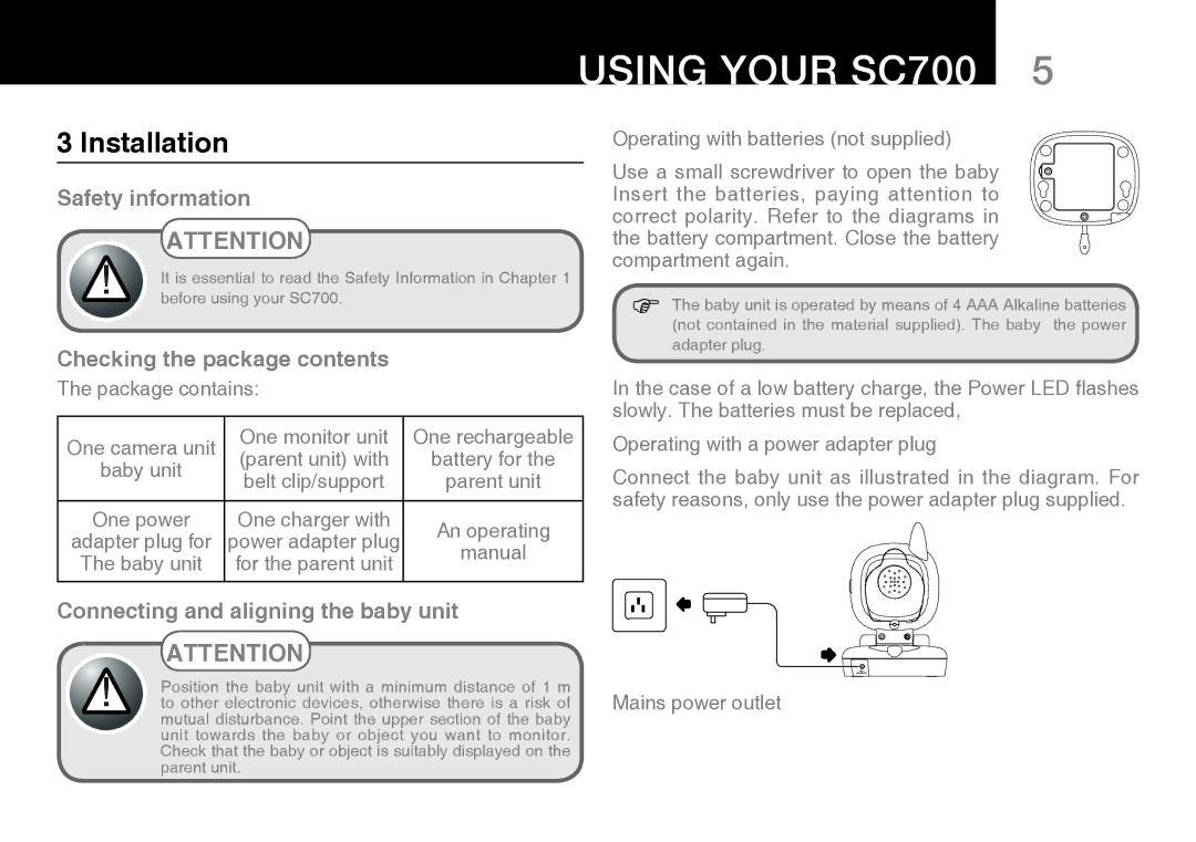 Oricom SECURE 700 manual Using your SC700, Installation, Safety information, Checking the package contents 