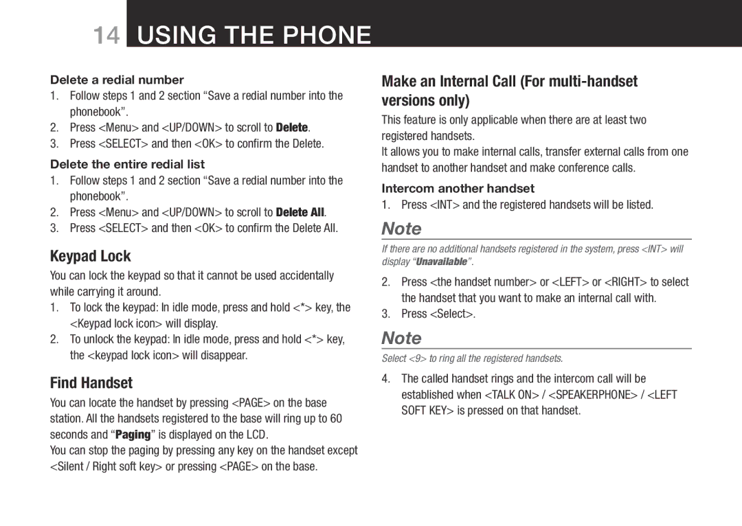 Oricom SLIM-9000 user manual Keypad Lock, Find Handset, Make an Internal Call For multi-handset versions only 