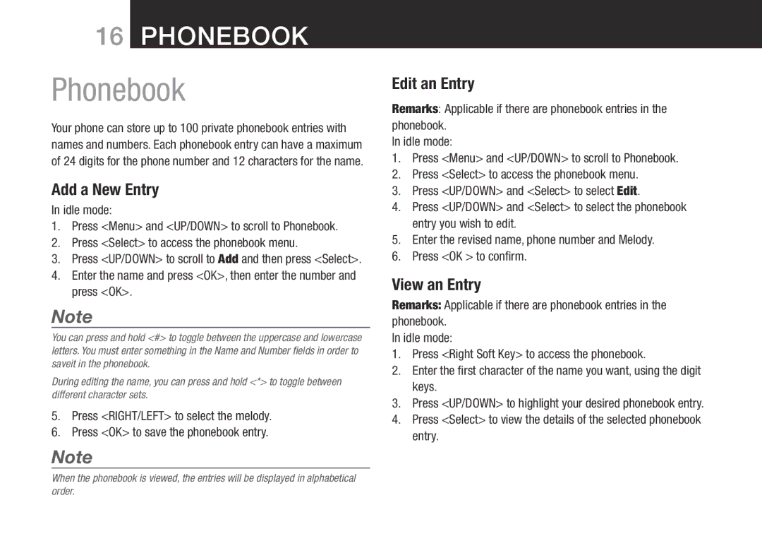 Oricom SLIM-9000 user manual Phonebook, Add a New Entry, Edit an Entry, View an Entry 