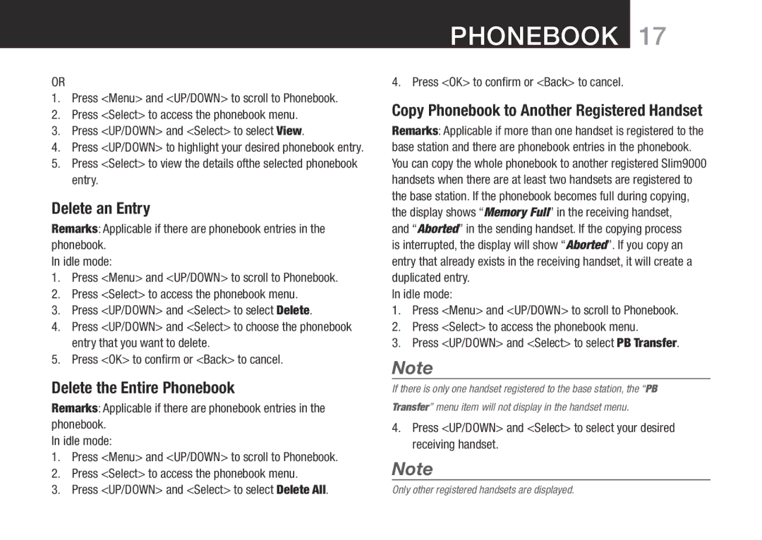 Oricom SLIM-9000 user manual Delete an Entry, Delete the Entire Phonebook, Copy Phonebook to Another Registered Handset 