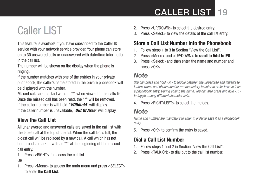 Oricom SLIM-9000 Caller List, View the Call List, Store a Call List Number into the Phonebook, Dial a Call List Number 