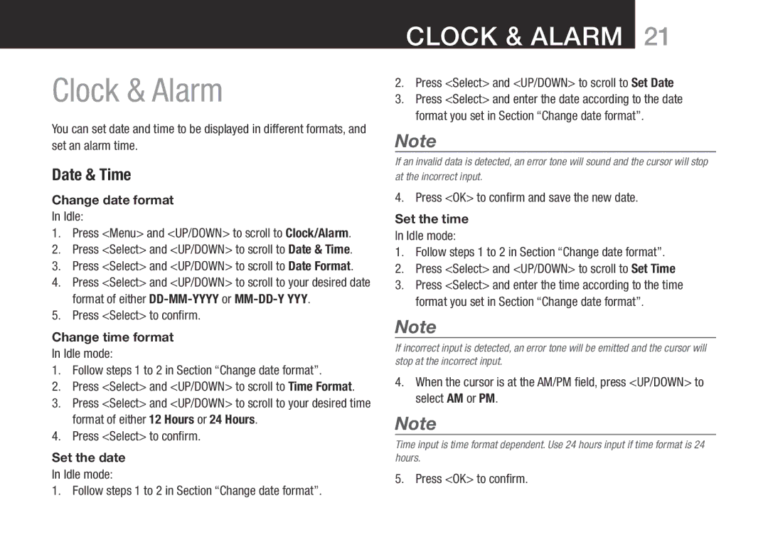 Oricom SLIM-9000 user manual Clock & Alarm, Date & Time 