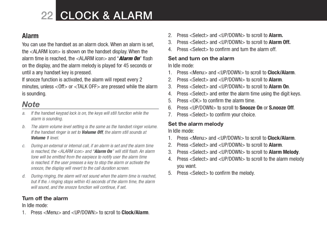 Oricom SLIM-9000 user manual Alarm, Set and turn on the alarm, Set the alarm melody, Turn off the alarm 