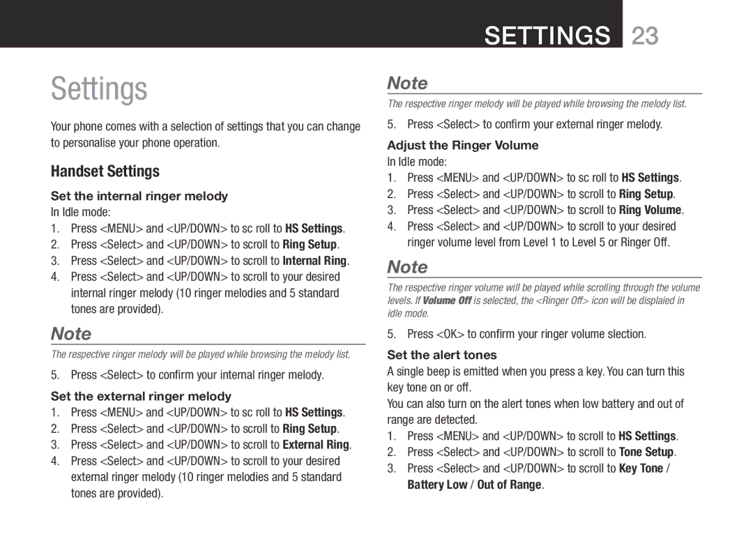 Oricom SLIM-9000 user manual Handset Settings 