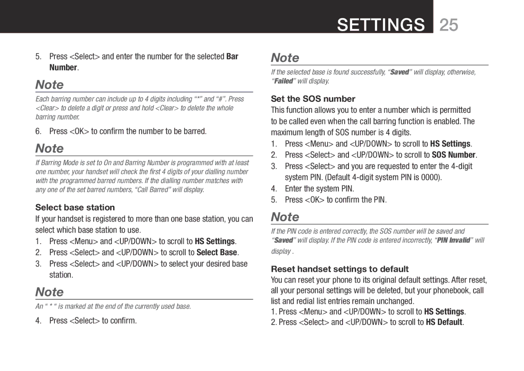 Oricom SLIM-9000 user manual Press OK to confirm the number to be barred, Select base station, Set the SOS number 