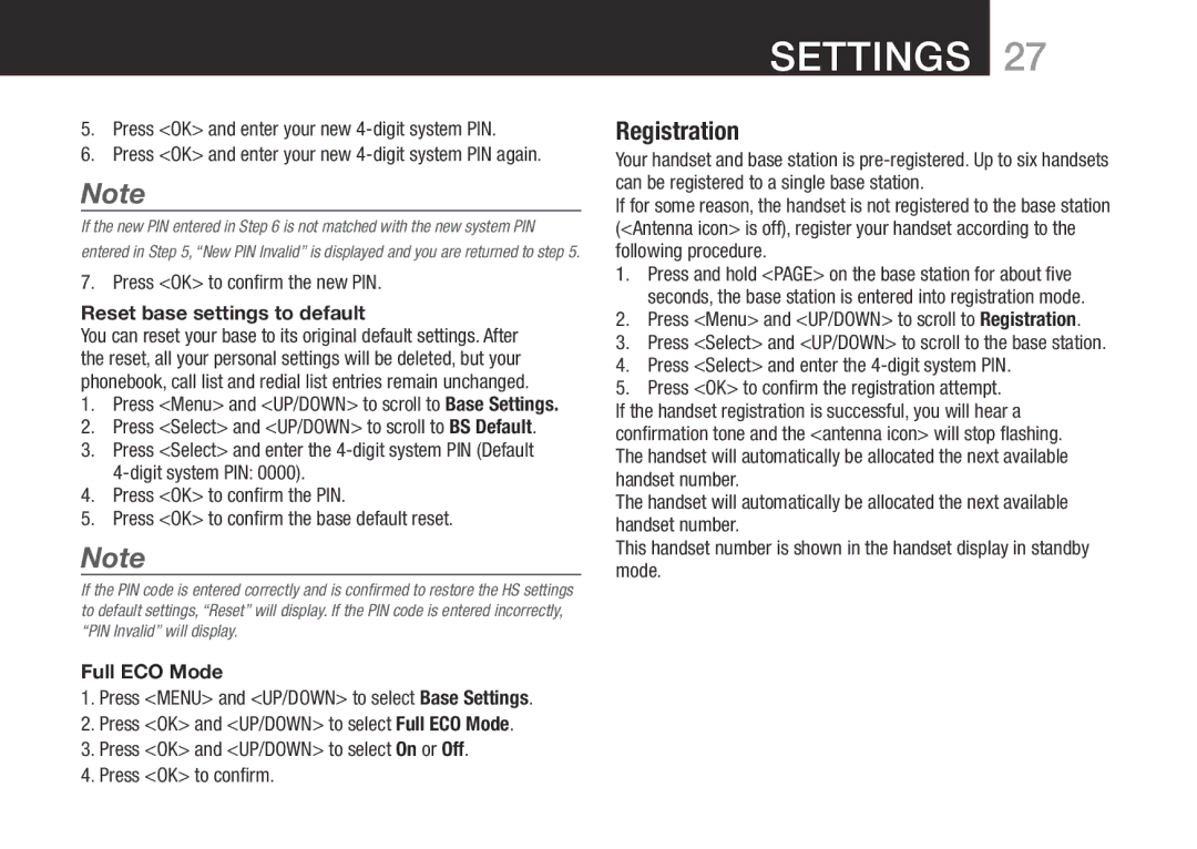 Oricom SLIM-9000 user manual Registration, Reset base settings to default, Full ECO Mode 