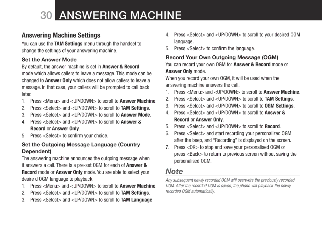 Oricom SLIM-9000 Answering Machine Settings, Set the Answer Mode, Set the Outgoing Message Language Country Dependent 