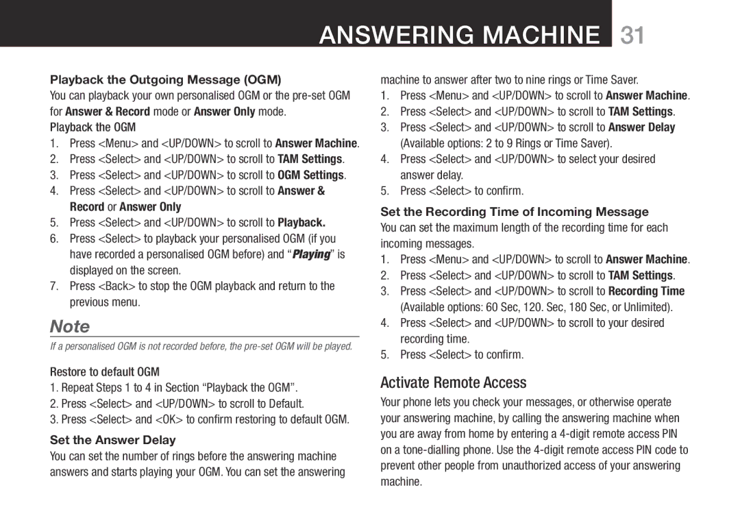 Oricom SLIM-9000 Activate Remote Access, Playback the Outgoing Message OGM, Playback the OGM, Set the Answer Delay 